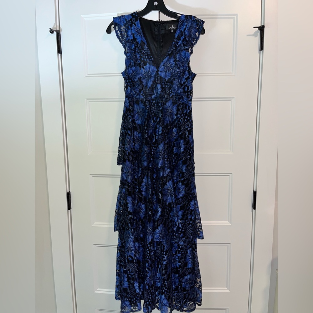 Navy Blue Lace Ruffled Tiered Sleeveless Maxi Dress | Lulu’s | Size XS